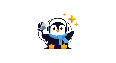 Cartoon penguin with scarf, headphones, mic, and stars