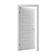 White interior door with five panels slightly ajar, isolated on transparent background