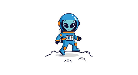 An alien in a blue spacesuit stands on a white surface with small holes