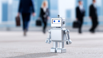 Small silver robot figure stands on a modern office floor, with blurred business professionals walking in the background, symbolizing the intersection of technology and human interaction