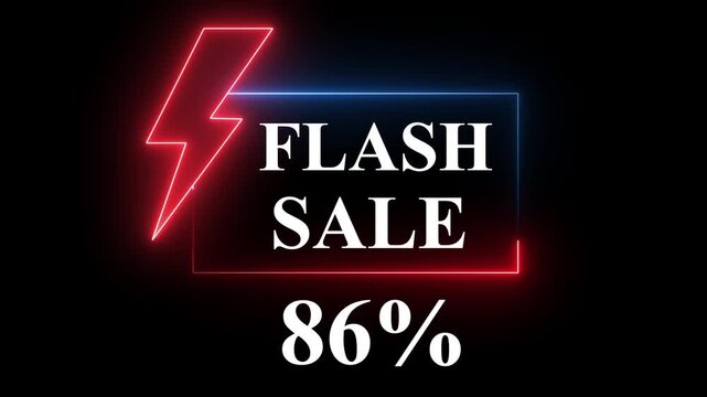 Blue and Red color neon sign promoting a flash sale with a bold -86% discount. Perfect for showcasing digital marketing and e-commerce promotions.4k animation video..