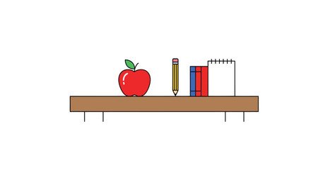 School desk graphic with red apple, pencil, books, and notepad