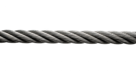 Closeup of a thick, braided metal wire rope cable isolated on transparent background