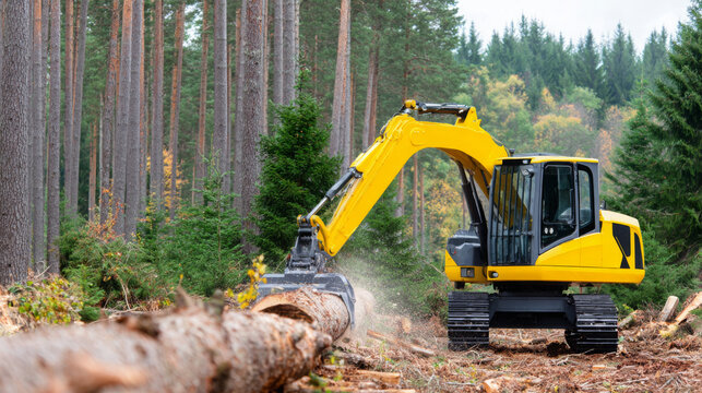 Yellow excavator machinery is cutting down a large tree in a forested area, surrounded by tall pine trees, showcasing the logging process in a natural environment