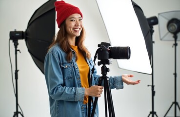 Young asian woman photographer in studio holds camera on tripod, smiles. Professional works with lighting gear. Happy artist creates visual content for project.