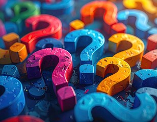 Colorful 3D question marks scattered on a dark surface, creating a visual puzzle