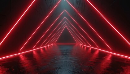 Abstract tunnel with bright red neon triangles receding into darkness. Wet floor reflects glowing lines. Futuristic corridor, sci fi portal background. Endless space, digital art.