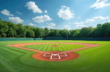Green baseball field under bright blue sky with white clouds. Well maintained grass and red dirt infield ready for game. Rich trees form background.