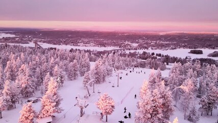 Beautiful snowy mountain landscape with winter sunrise and sunset - Powered by Adobe