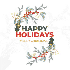 Merry and Bright Corporate Holiday cards. Universal abstract creative artistic templates with Christmas tree, birds, ornate floral frames and backgrounds