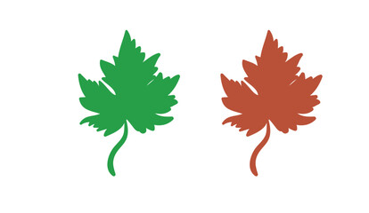 Two stylized maple leaves one green and one brown on a white background in a simple vector art style