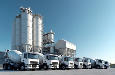 Obraz premium Cement plant with trucks mixers line up against blue sky. White concrete mixers wait for loading near facility. Industrial background with machinery, manufacturing station, vehicles for transporting