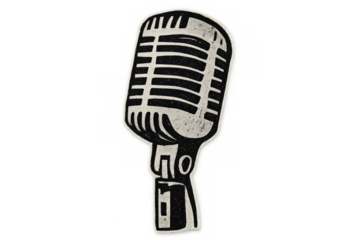 Retro microphone sticker art, vintage audio device for music, podcast, and broadcast concepts, transparent background