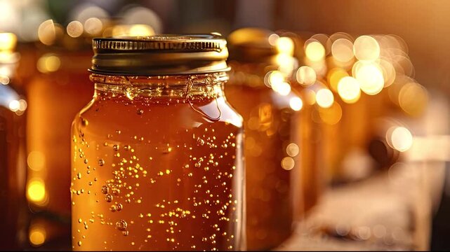 A glass jar of golden honey with bubbles stands in focus with a row of similar jars creating a warm glowing bokeh effect in the background