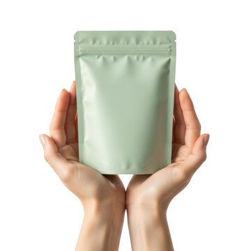 Two hands holding up a light green standup pouch with zipper seal, isolated on transparent background