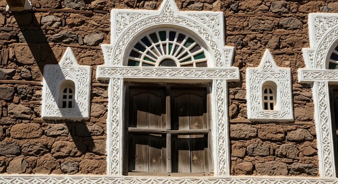 Old wooden window with colorful glass and white plaster decoration on stone wall facade