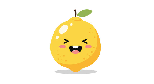 Cheerful cartoon lemon with a missing tooth, bright yellow color, smiling expression, and green leaf, against a clean white background.