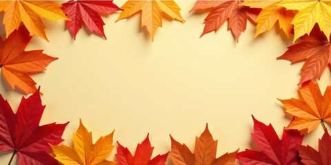 Autumnal Foliage Frame Vibrant Red and Orange Leaves Arranged on a Pale Yellow Background, Creating a Natural Border Perfect for Seasonal Designs and Fall-Themed Projects