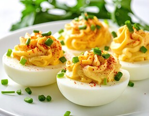 Close-up of deviled eggs garnished with chives and paprika on a white plate