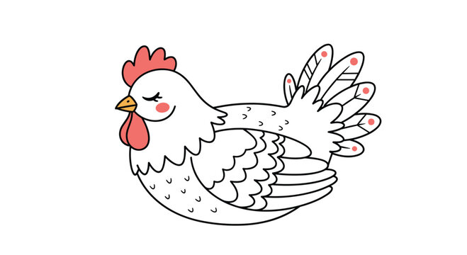 Cute cartoon chicken with closed eyes, pink cheeks, a red comb and wattle, and small feathers with pink tips isolated on a white background.