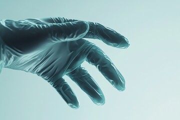 Gloved hand reaching in medical context