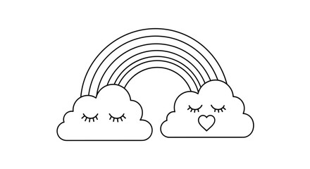 Fototapeta premium A cute cartoon illustration of a rainbow with clouds, suitable for children's designs and happy themes, depicted in a simple outline style, perfect for coloring and playful graphics.