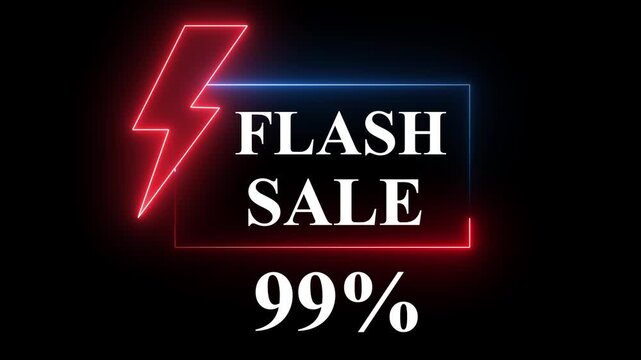 Blue and Red color neon sign promoting a flash sale with a bold -99% discount. Perfect for showcasing digital marketing and e-commerce promotions.4k animation video..