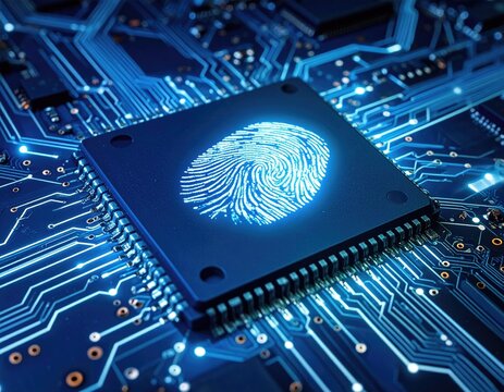 Close-up of a central processing unit (CPU) featuring a glowing fingerprint - Powered by Adobe