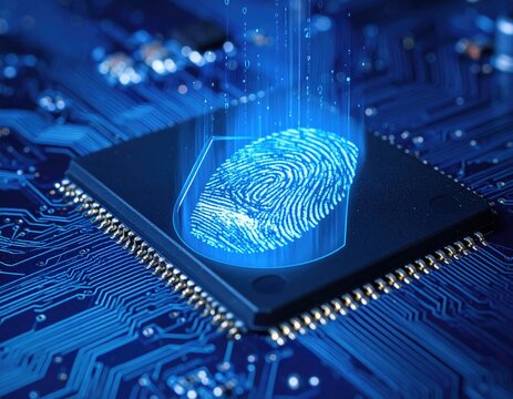 Glowing fingerprint overlaid on integrated circuit, representing digital security and biometric authentication - Powered by Adobe