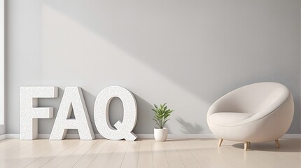 Minimalist photo of the word "FAQ" in large white letters on the left, a small green plant in a white pot in the middle, and a modern white swivel chair on the right, against a light gray wall.