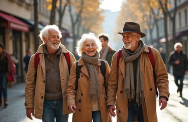 Elderly friends walk down a city street in autumn, laughing together. They wear tan coats and scarves, enjoying a casual outing while feeling happy and lively. Other people walk by in the background.