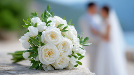 Obraz premium Wedding bouquet of white roses on a stone surface with soft silhouettes of bride and groom in the background, ideal for banners, invitations and romantic design projects