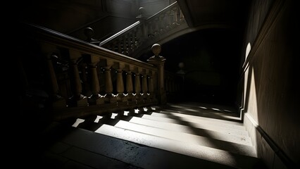 Dramatic Staircase in Dark Mansion with Light, A Gothic Stairwell with Stone Balustrade, Lit with Sunbeams