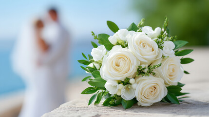 Wedding bouquet of white roses on a stone surface with soft silhouettes of bride and groom in the background, ideal for banners, invitations and romantic design projects