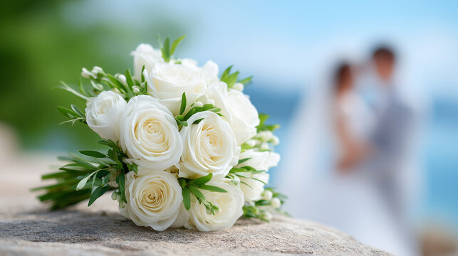 Wedding bouquet of white roses on a stone surface with soft silhouettes of bride and groom in the background, ideal for banners, invitations and romantic design projects