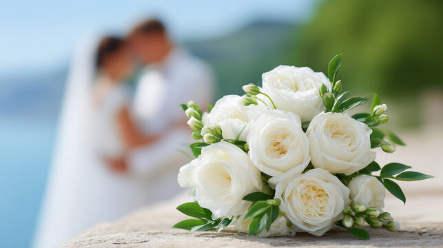 Wedding bouquet of white roses on a stone surface with soft silhouettes of bride and groom in the background, ideal for banners, invitations and romantic design projects