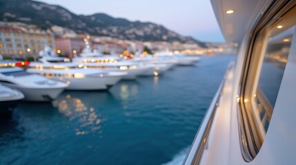 Blurred luxury yachts in scenic harbor at dusk with mountainous backdrop