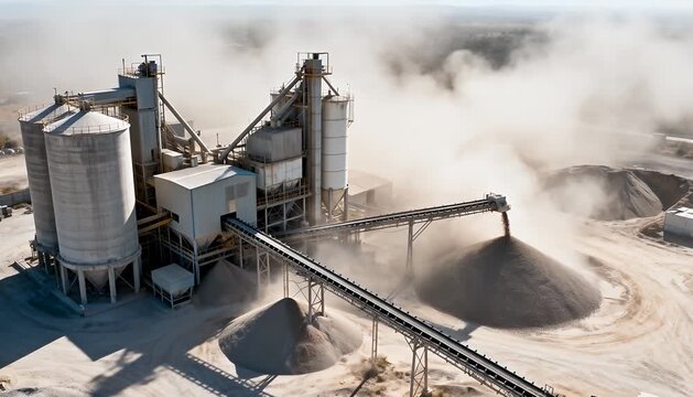 Industrial aggregate processing plant with conveyor belts and dust clouds, construction materials production.