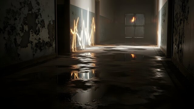 Corridor of Decay: Reflections of Light and Shadow in Abandoned Space, An Eerie Scene of Light Through Dilapidated Buildings Creates a Surreal Ambiance - Powered by Adobe