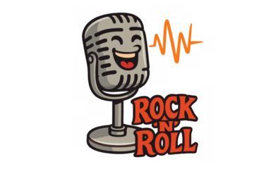 Happy retro cartoon microphone singing rock 'n' roll music with sound wave illustration and transparent background