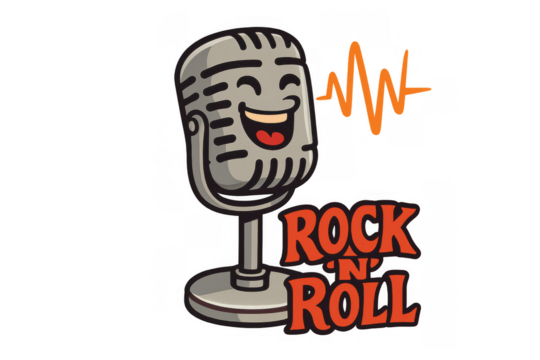 Happy retro cartoon microphone singing rock 'n' roll music with sound wave illustration and transparent background - Powered by Adobe