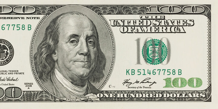 A picture of a part of a 100 bill. It's the American money. It's a banknote with one hundred dollars on it. It's for economics and finance