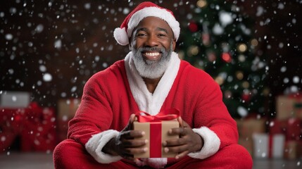 African male santa claus joyfully holding gift in christmas setting with snowflakes