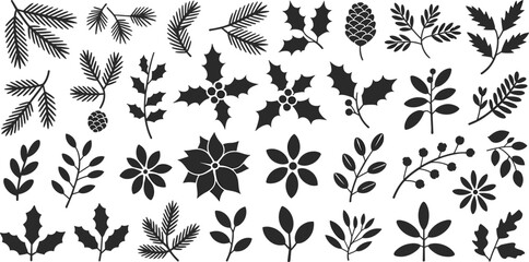 Winter botanical silhouettes, holly leaves, pine branches, berries, mistletoe, poinsettia, holiday foliage, black vector icons, seasonal nature elements © Creative Art