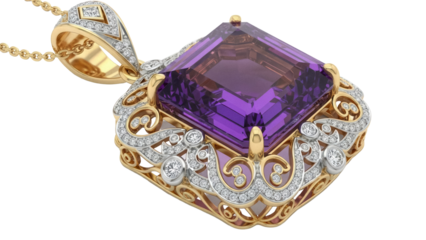 Elegant gold pendant with amethyst isolated PNG, vintage jewelry design with diamonds on transparent background for luxury and fashion concepts
