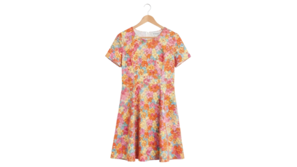 Floral print dress on hanger isolated PNG, colorful summer garment for fashion and apparel design on transparent background