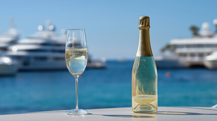 Champagne bottle and glass on yacht with ocean view