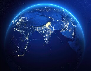 Fototapeta premium Illuminated Earth at night, showing landmasses and city lights against a starry, dark blue space