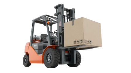 Orange forklift truck with cardboard box isolated PNG, industrial vehicle for lifting and transporting heavy loads on transparent background