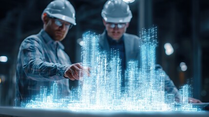 Future City Design: Two architects, immersed in their work, collaborate over a futuristic holographic cityscape, symbolizing innovation and technological advancement.